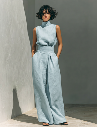 Women's Linen Pants | High Neck Sleeveless Turtleneck Pleated Wide Leg