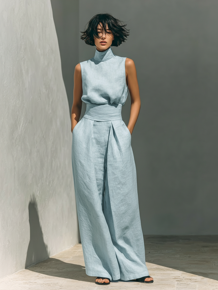 Women's Linen Pants | High Neck Sleeveless Turtleneck Pleated Wide Leg