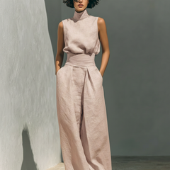 Women's Linen Pants | High Neck Sleeveless Turtleneck Pleated Wide Leg