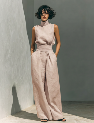 Women's Linen Pants | High Neck Sleeveless Turtleneck Pleated Wide Leg