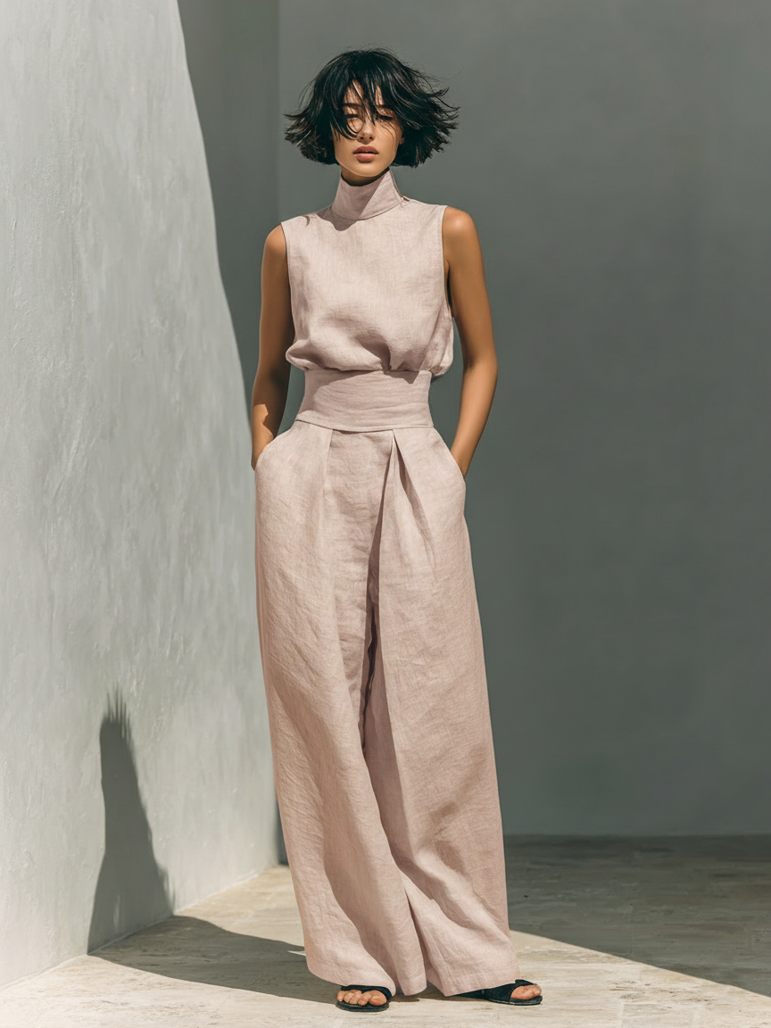 Women's Linen Pants | High Neck Sleeveless Turtleneck Pleated Wide Leg