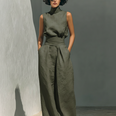Women's Linen Pants | High Neck Sleeveless Turtleneck Pleated Wide Leg