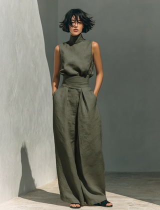 Women's Linen Pants | High Neck Sleeveless Turtleneck Pleated Wide Leg