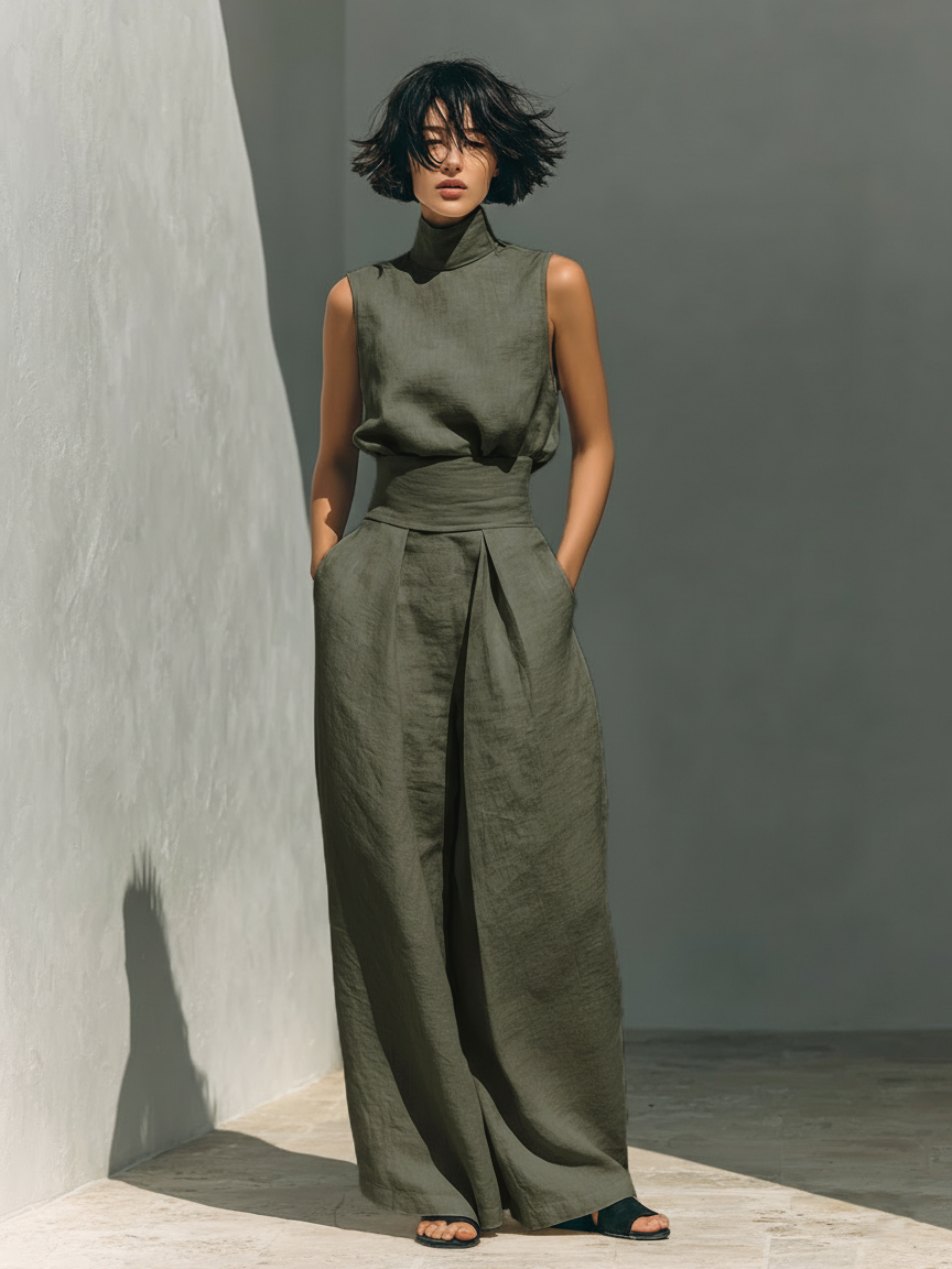 Women's Linen Pants | High Neck Sleeveless Turtleneck Pleated Wide Leg