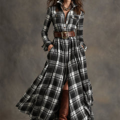 Women's Plaid Dress | Collared Long Sleeve Belted