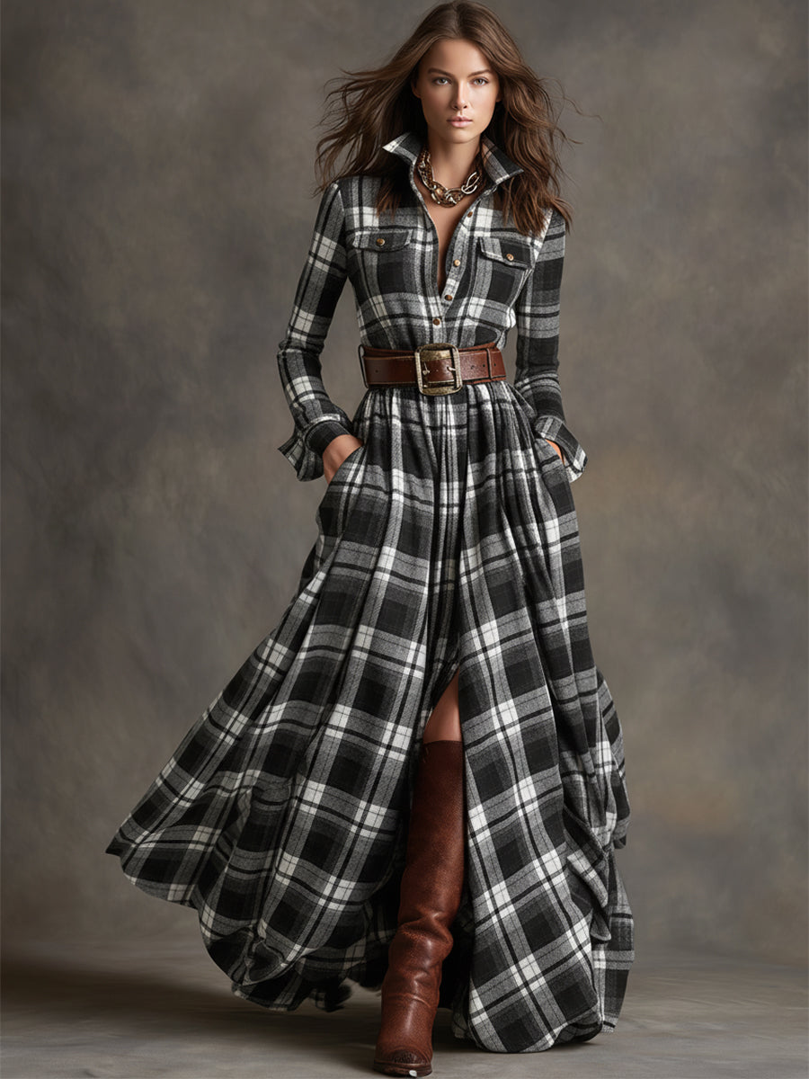 Women's Plaid Dress | Collared Long Sleeve Belted