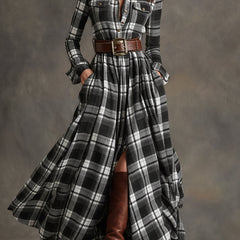 Women's Plaid Dress | Collared Long Sleeve Belted