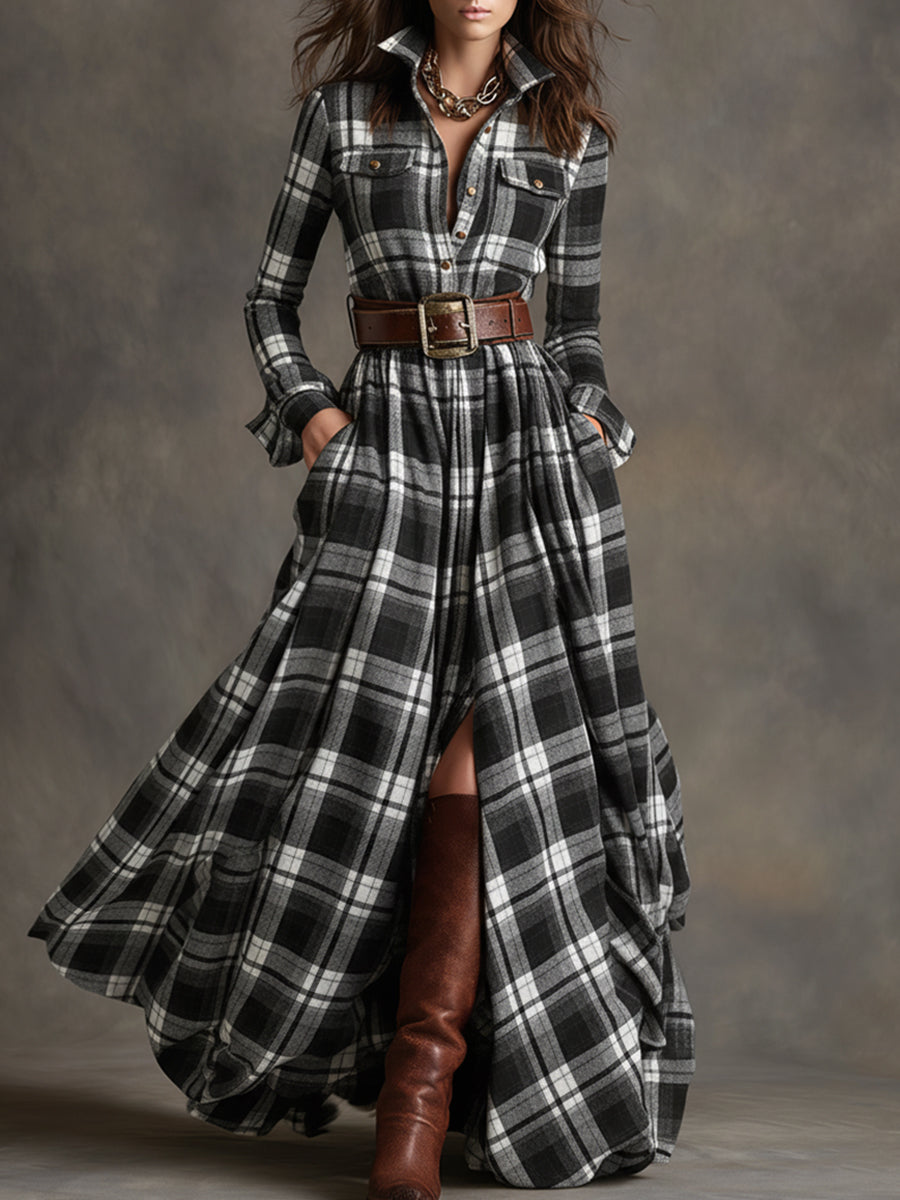 Women's Plaid Dress | Collared Long Sleeve Belted