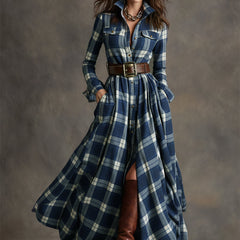 Women's Plaid Dress | Collared Long Sleeve Belted