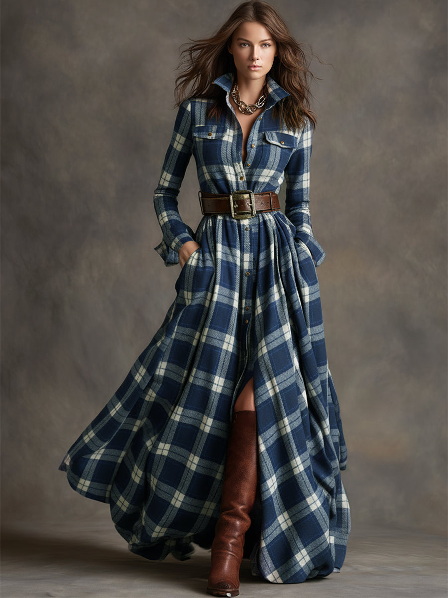 Women's Plaid Dress | Collared Long Sleeve Belted
