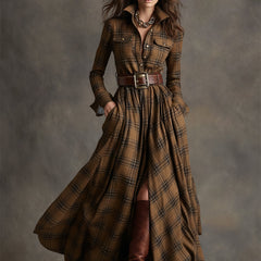 Women's Plaid Dress | Collared Long Sleeve Belted