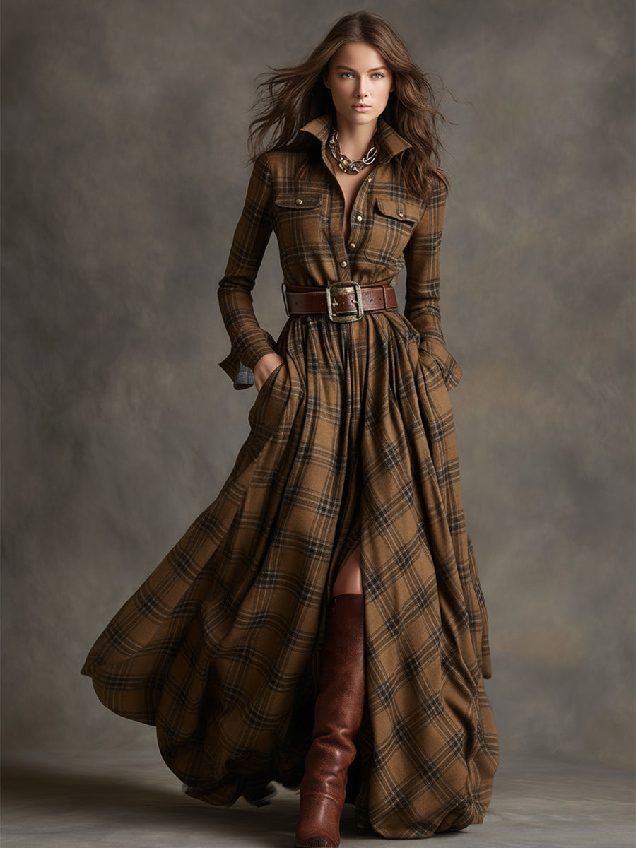 Women's Plaid Dress | Collared Long Sleeve Belted