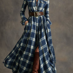 Women's Plaid Dress | Collared Long Sleeve Belted