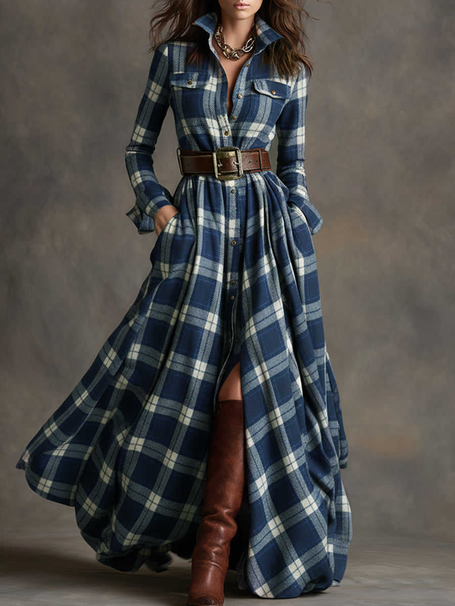 Women's Plaid Dress | Collared Long Sleeve Belted