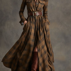 Women's Plaid Dress | Collared Long Sleeve Belted
