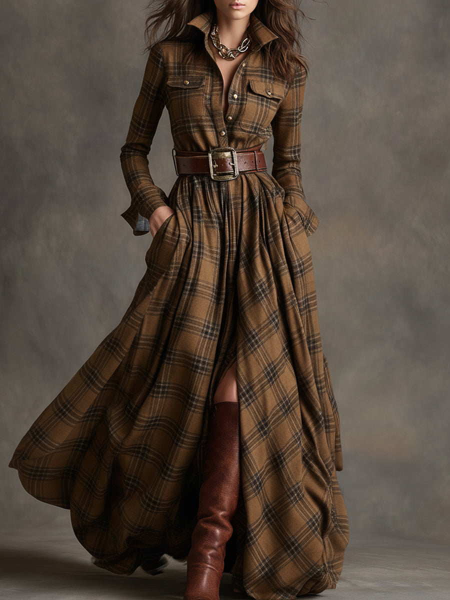 Women's Plaid Dress | Collared Long Sleeve Belted