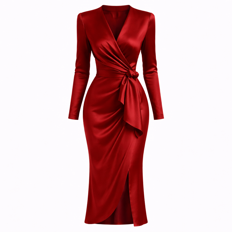 Women's Red Dress | Midi Length V-Neck Long Sleeve Wrap Satin