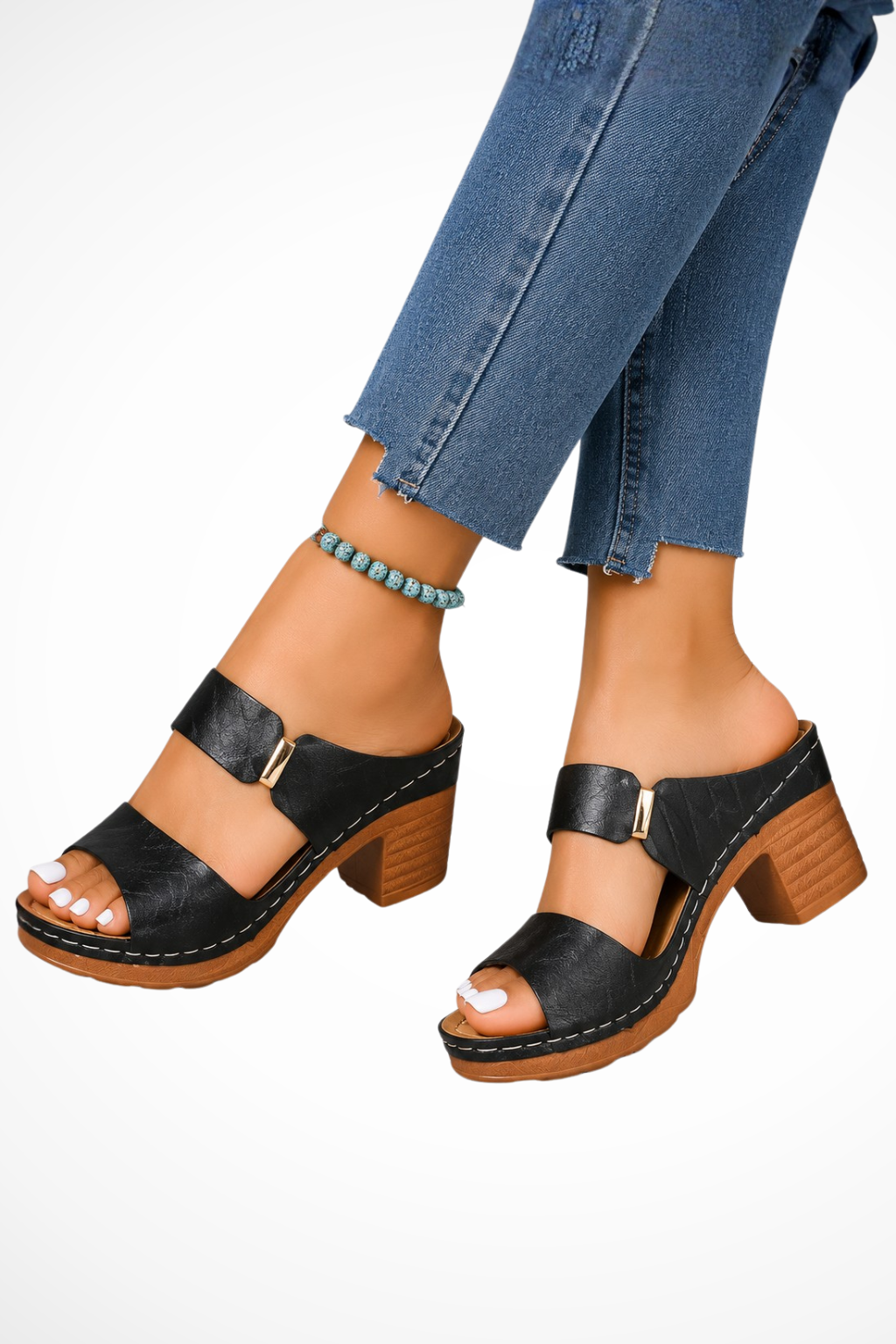 Women's Platform Heels | Open Toe Block Heel Buckle Closure