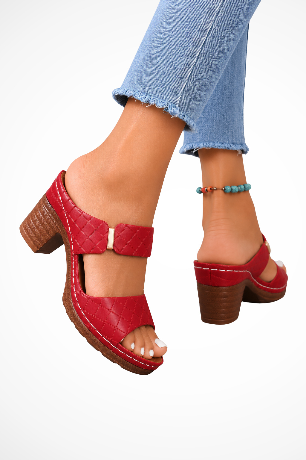 Women's Platform Heels | Open Toe Block Heel Buckle Closure