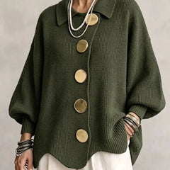 Women's Cardigan | Oversized Lantern Sleeves Scalloped Hem Button Closure