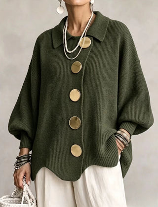 Women's Cardigan | Oversized Lantern Sleeves Scalloped Hem Button Closure