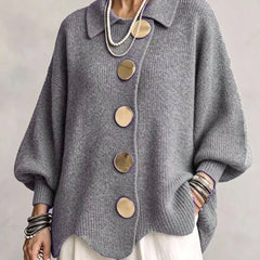 Women's Cardigan | Oversized Lantern Sleeves Scalloped Hem Button Closure