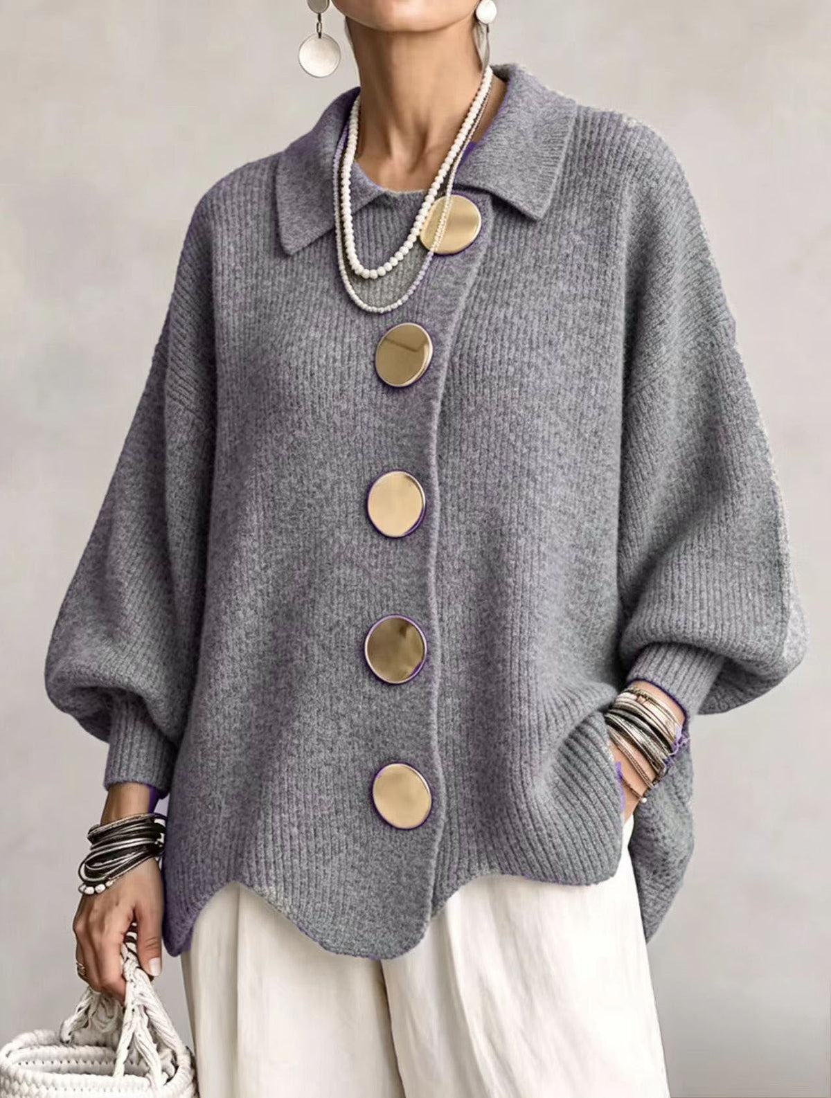 Women's Cardigan | Oversized Lantern Sleeves Scalloped Hem Button Closure