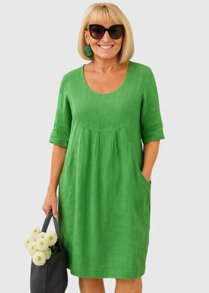 Women's Green Sundress | Midi Scoop Neck Half Sleeve Linen