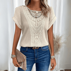 Women's Going Out Top | Lace Detail Short Sleeve Crew Knit