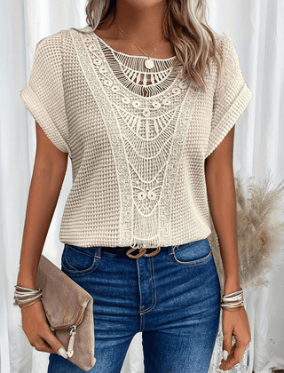 Women's Going Out Top | Lace Detail Short Sleeve Crew Knit