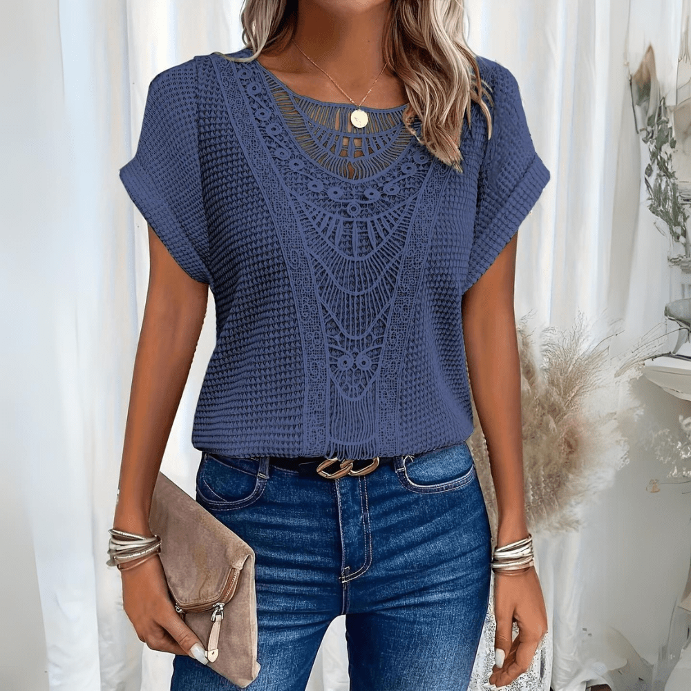 Women's Going Out Top | Lace Detail Short Sleeve Crew Knit