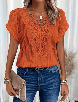 Women's Going Out Top | Lace Detail Short Sleeve Crew Knit