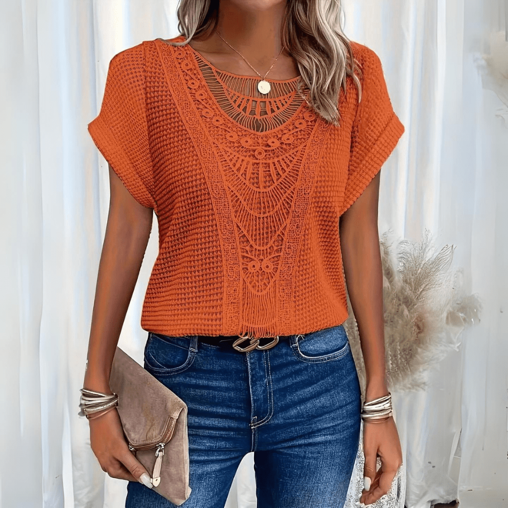 Women's Going Out Top | Lace Detail Short Sleeve Crew Knit