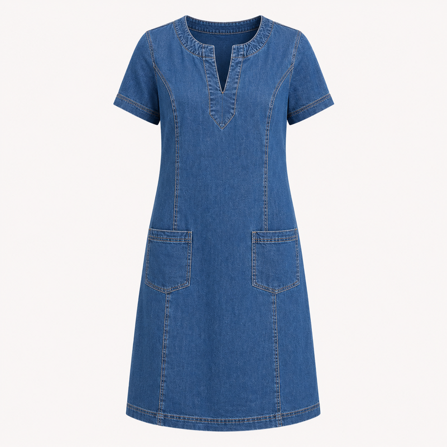 Women's Denim Dress | Midi Length Notch Neckline Short Sleeves