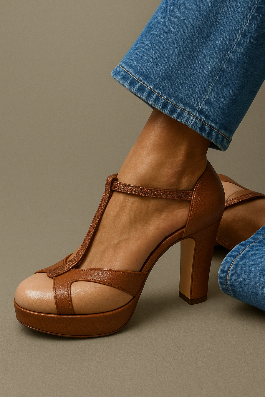 Women's Platform Heels | Rounded Toe T-Strap Leather Block Heel
