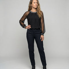 Women's Sequin Top | Mesh Sleeves Round Neck Long Sleeve