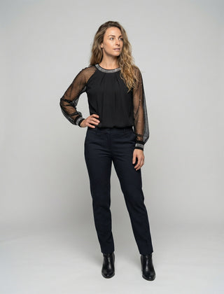 Women's Sequin Top | Mesh Sleeves Round Neck Long Sleeve