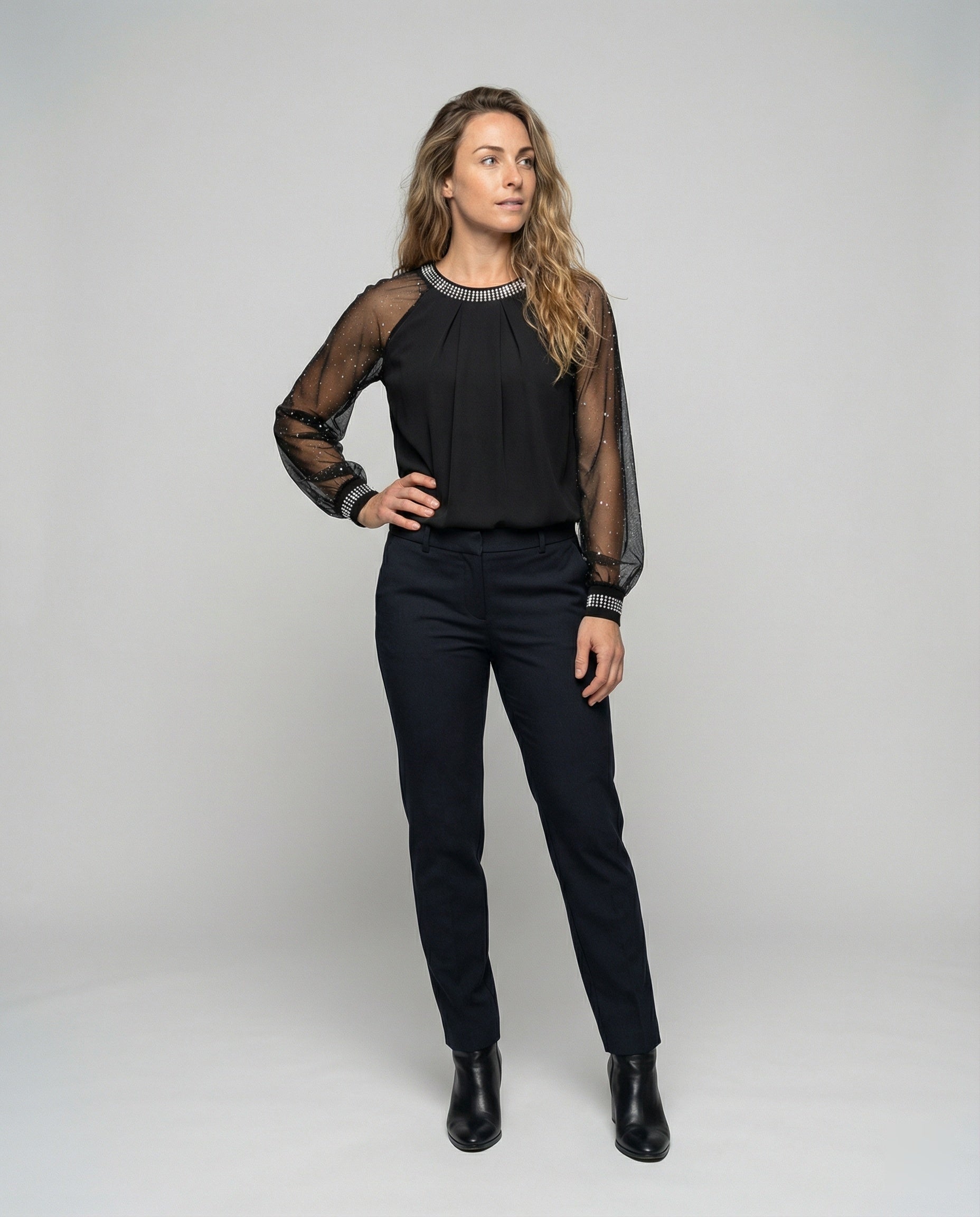 Women's Sequin Top | Mesh Sleeves Round Neck Long Sleeve
