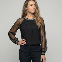 Women's Sequin Top | Mesh Sleeves Round Neck Long Sleeve