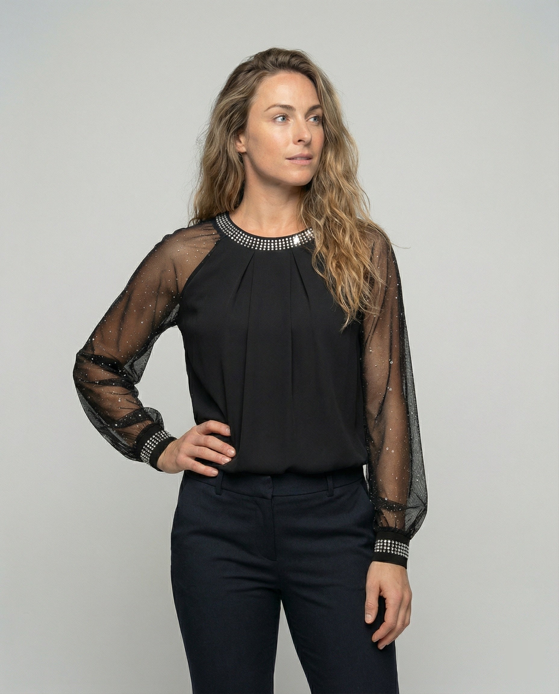Women's Sequin Top | Mesh Sleeves Round Neck Long Sleeve