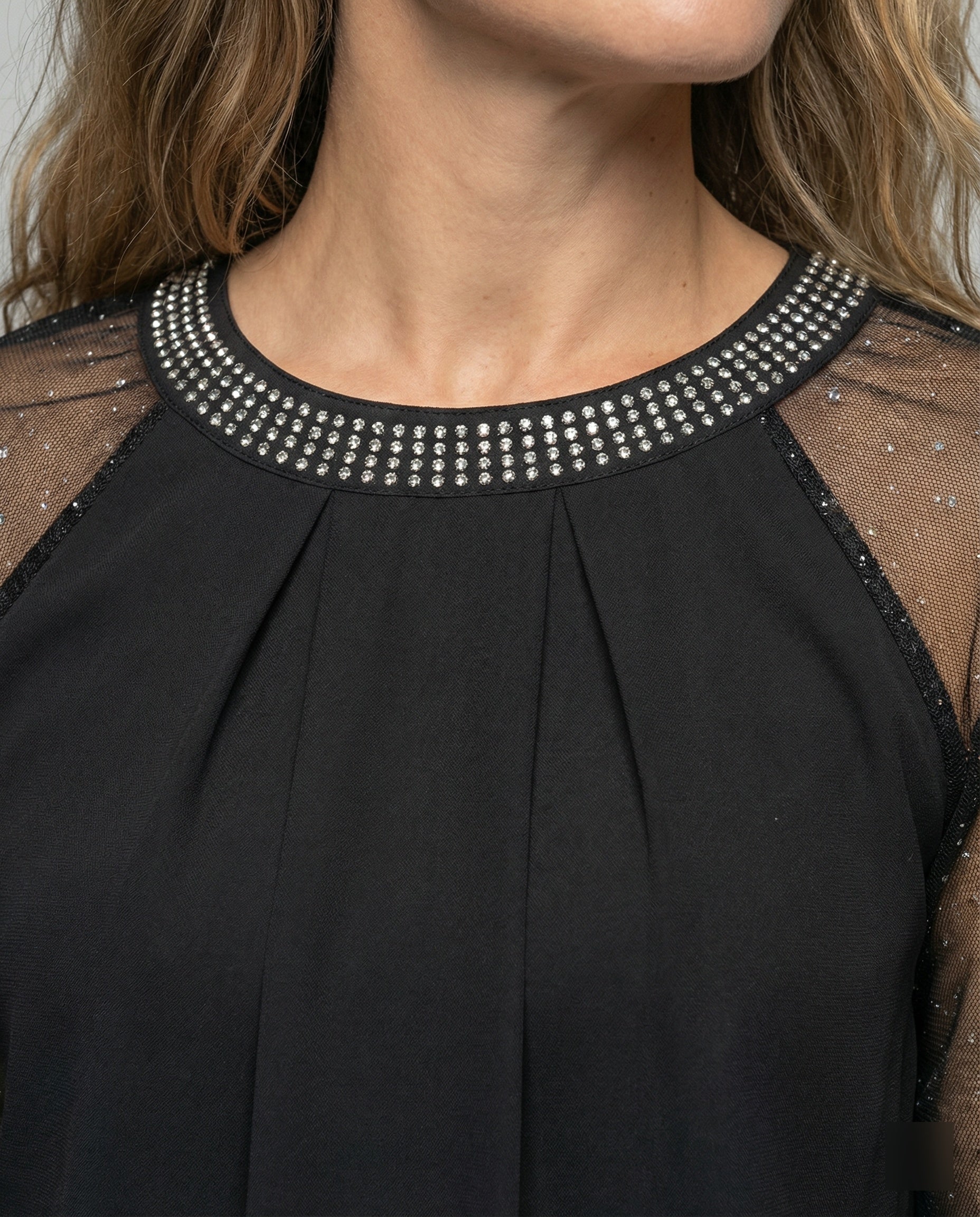 Women's Sequin Top | Mesh Sleeves Round Neck Long Sleeve