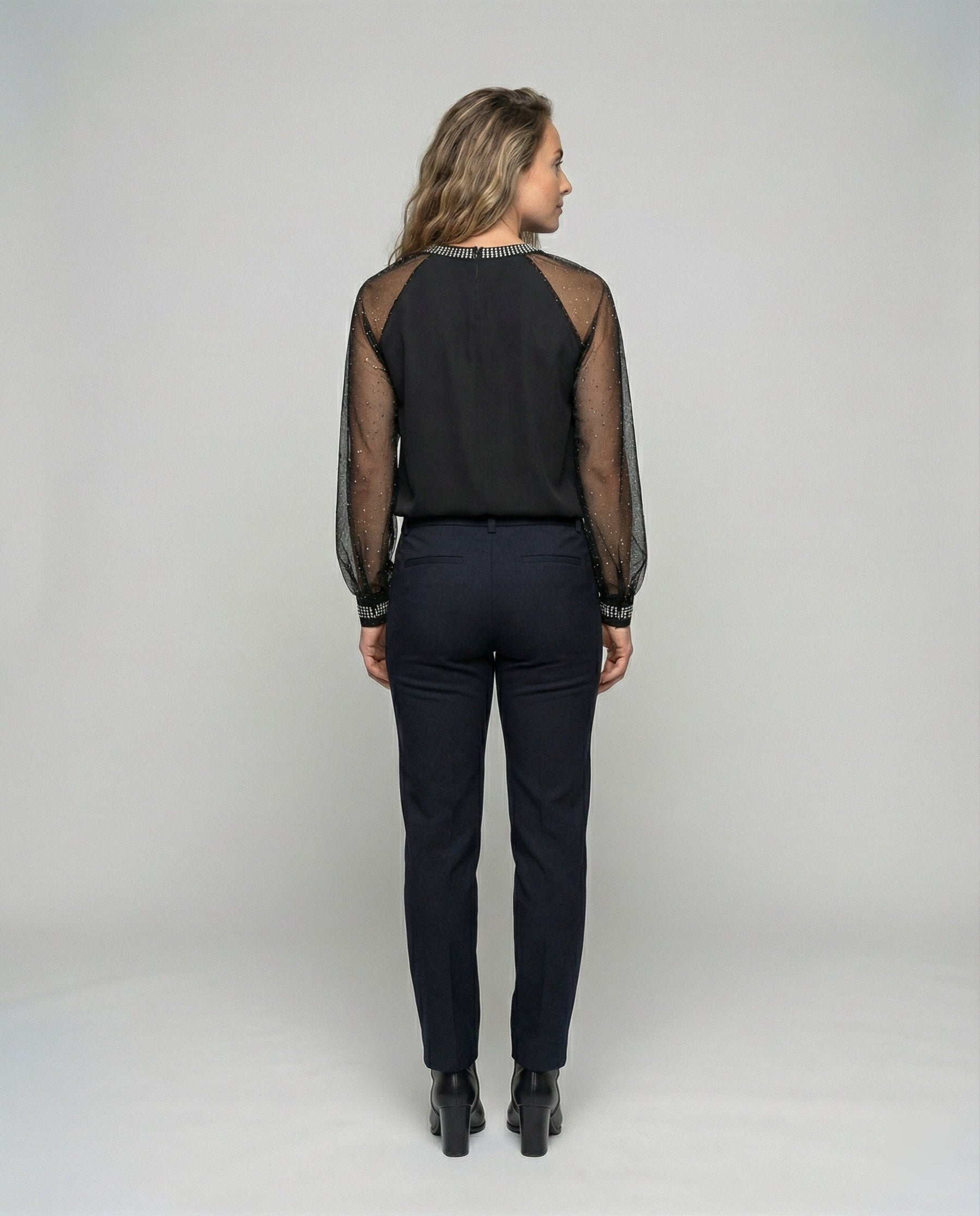 Women's Sequin Top | Mesh Sleeves Round Neck Long Sleeve