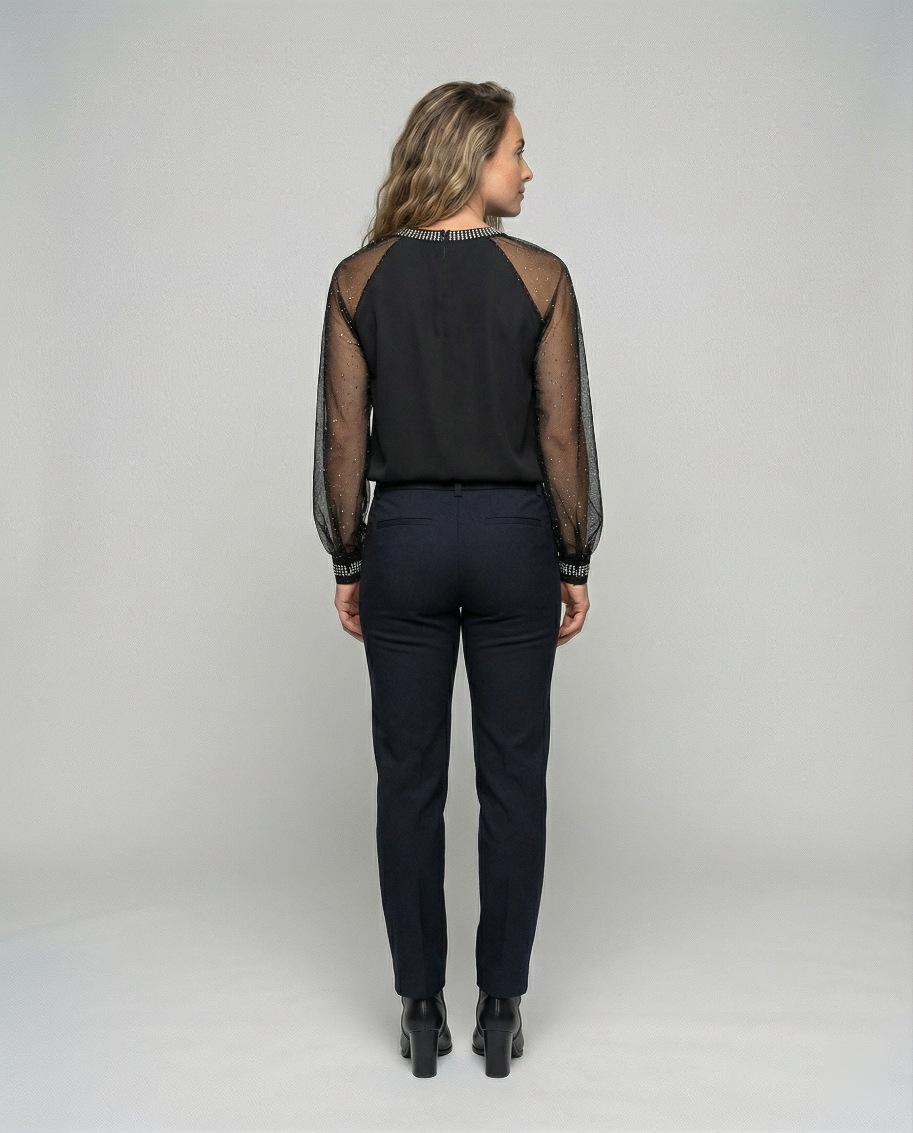Women's Sequin Top | Mesh Sleeves Round Neck Long Sleeve