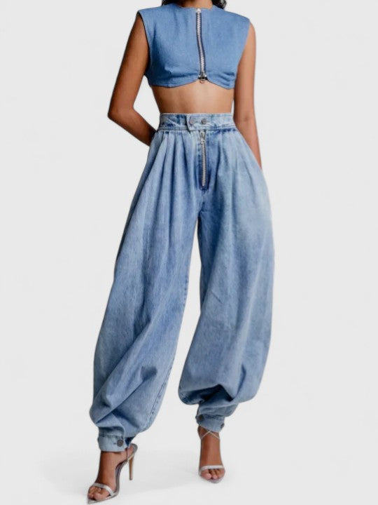 Women's Baggy Jeans | High Waist Elastic Pleated Denim
