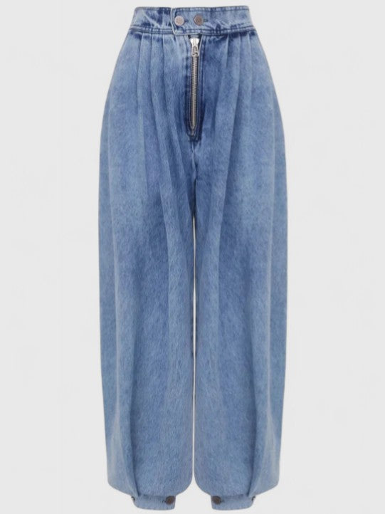 Women's Baggy Jeans | High Waist Elastic Pleated Denim