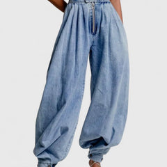 Women's Baggy Jeans | High Waist Elastic Pleated Denim