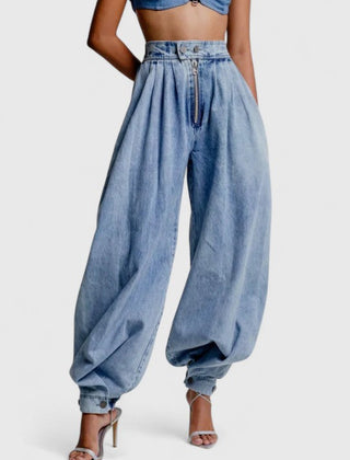 Women's Baggy Jeans | High Waist Elastic Pleated Denim