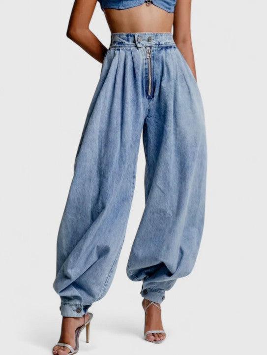 Women's Baggy Jeans | High Waist Elastic Pleated Denim