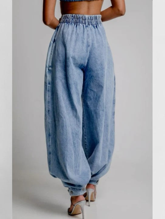 Women's Baggy Jeans | High Waist Elastic Pleated Denim