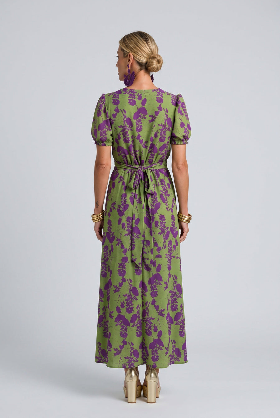 Women's Green Sundress | Maxi Floral Print V Neck Puff Sleeve